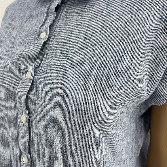 Weatherproof (S) Blue Pinstripe Washable Linen Cap Sleeve Knot Tie Crop Top - Picture 2 of 6